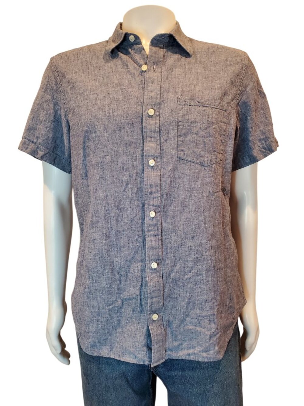 BANANA REPUBLIC Mens Linen Shirt Chambray Blue Linen Blend Short Sleeve Shirt